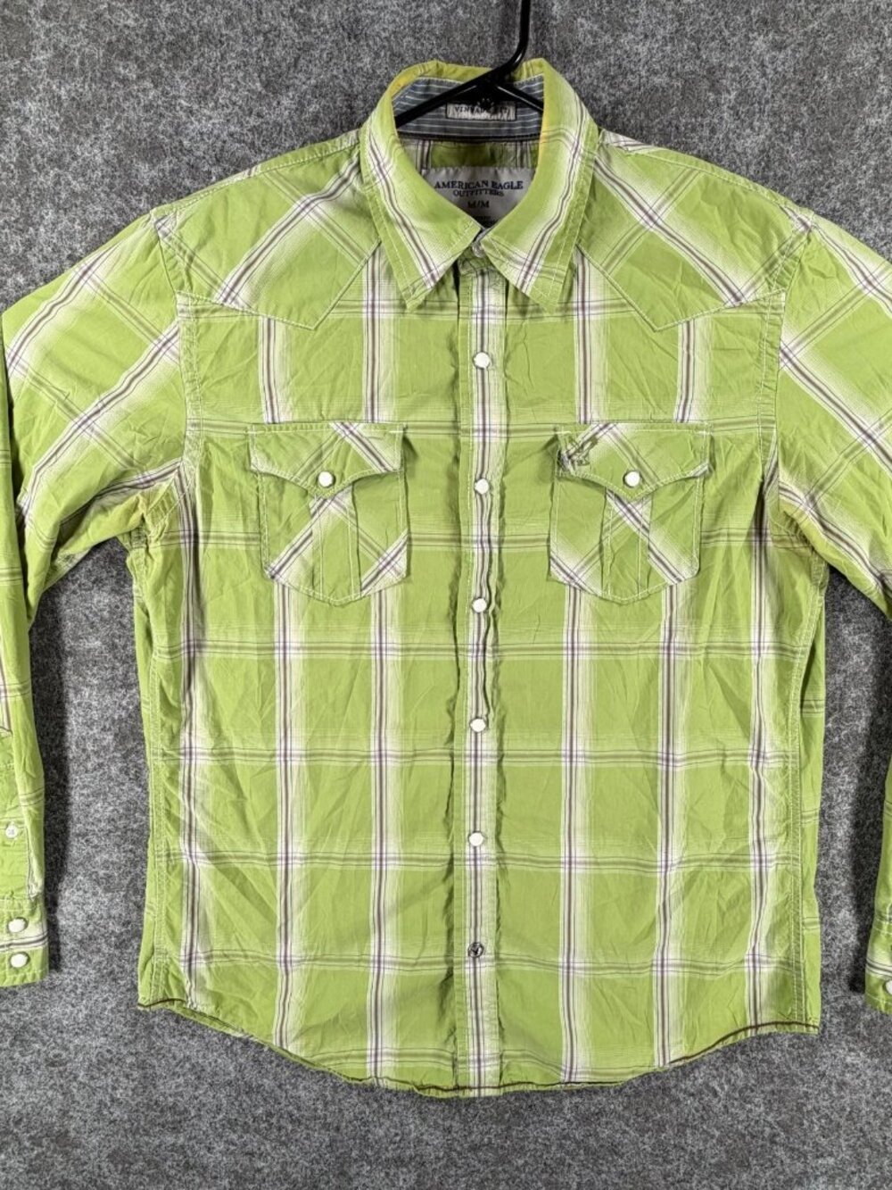 American Eagle Vintage Fit Western Shirt Womens M Green Plaid Classic Pearl Snap